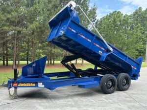 Dump Trailer heavy duty Ford Blue by Jobsite trailers in Lexington NC, buyers automatic tarp