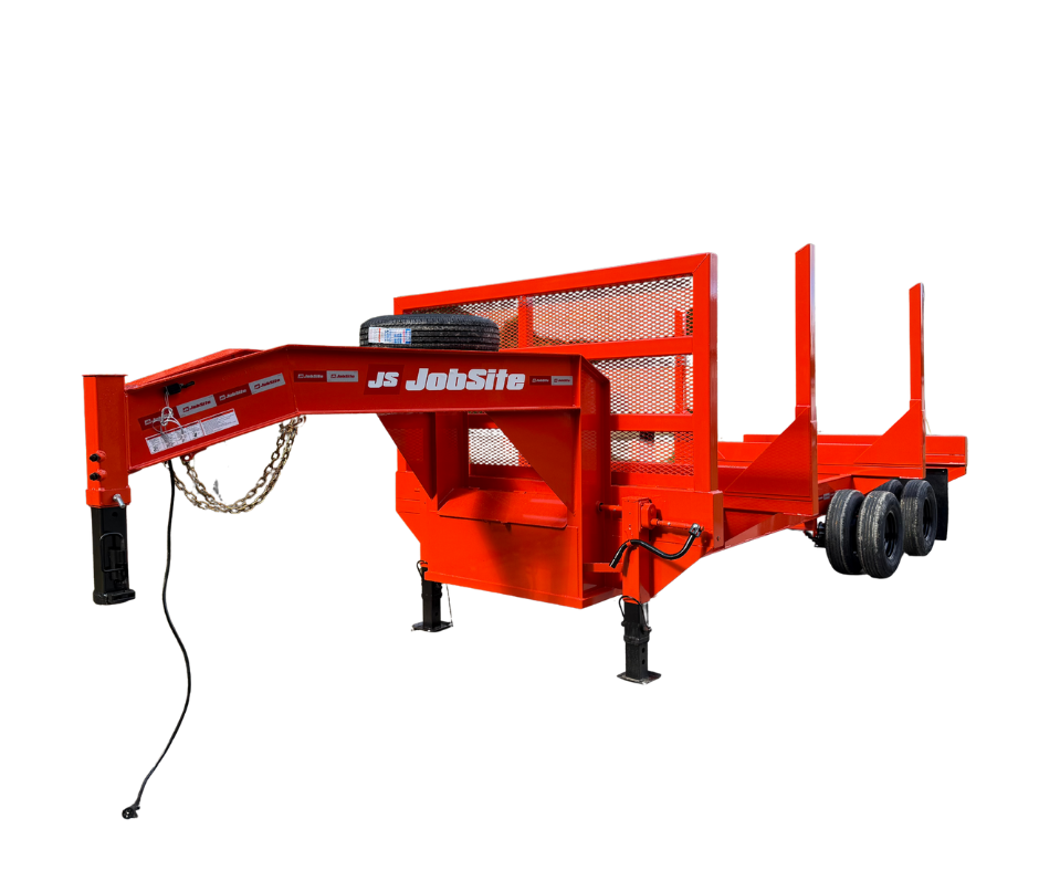 Gooseneck Logging Trailer in Orange, 20 foot with black wheels and heavy duty headboard, new for 2025 made by Jobsite Trailers and Attachments
